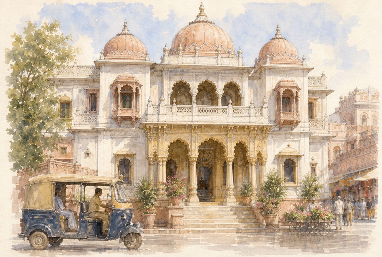 Watercolor of the Gem Palace facade on MI Road, three peach-pink domes over a columned entrance