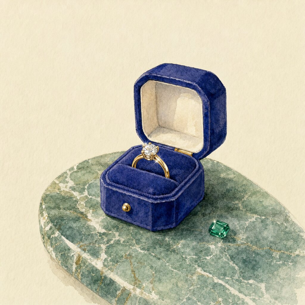 Watercolor of a gold solitaire ring in an indigo velvet box on green marble